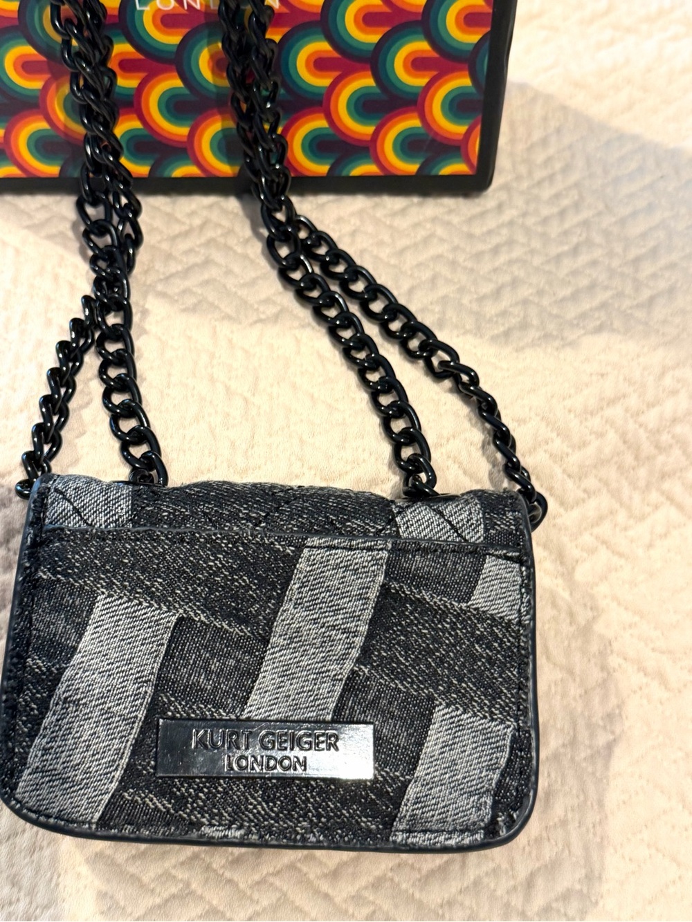 Kurt Geiger Micro Mini Kensington Denim Patchwork Black Chain Crossbody Bag &Box - Picture 4 of 10